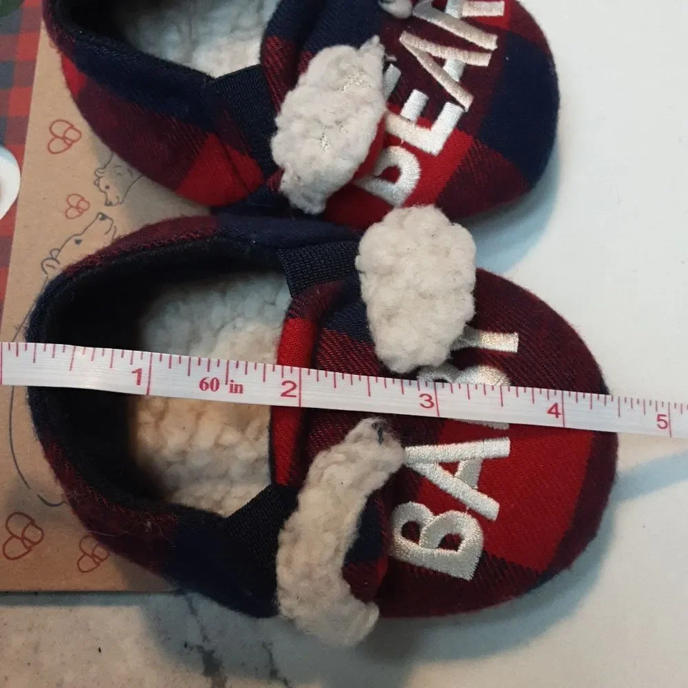 Dearfoams Slippers Infant Cozy Baby Bear Boots‎ Navy Red Plaid sz 1-2 New
